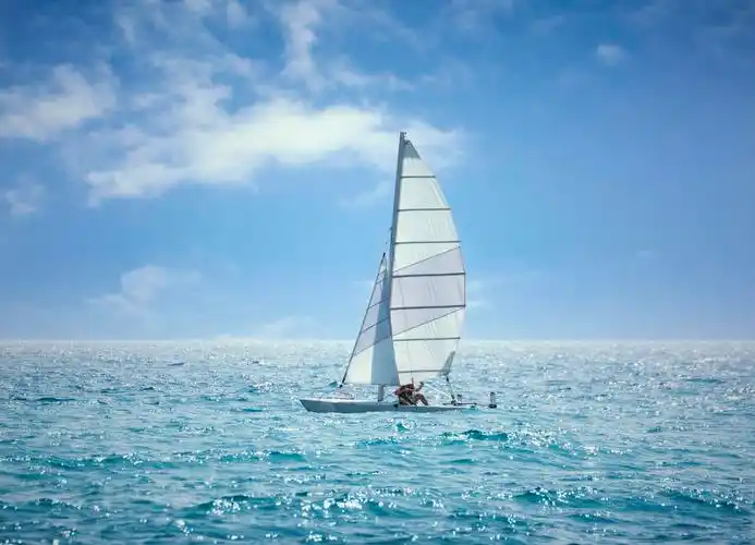 帆船船舶船只坚持蓝色大海杨帆起航蓝天白云简洁乘风破浪企业文化海报