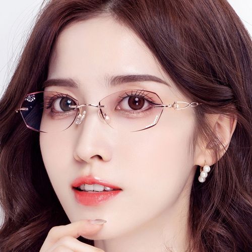 大脸近视眼镜女防蓝光切时尚纯钛钻石切边无框优雅防辐射变色镜潮