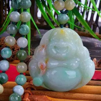 xushi缅甸翡翠a货玉佛吊坠女款浅绿笑佛弥勒佛挂坠三彩佛公玉珠项链大