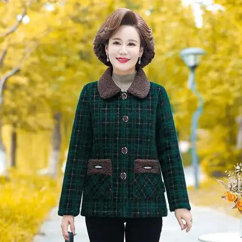 中年妈妈冬装加绒加厚水貂绒外套小个子中老年女格子短款毛呢上衣