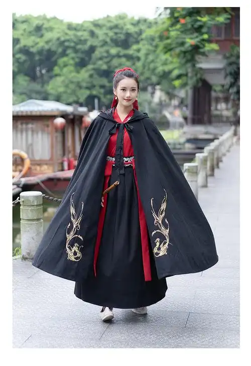 9031披风外套绣花斗篷加绒冬季保暖古风汉服毛呢连帽外套中长款