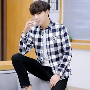 春季黑白格子衬衫男土长袖韩版初中高中学生帅气衬衣男士潮牌外套
