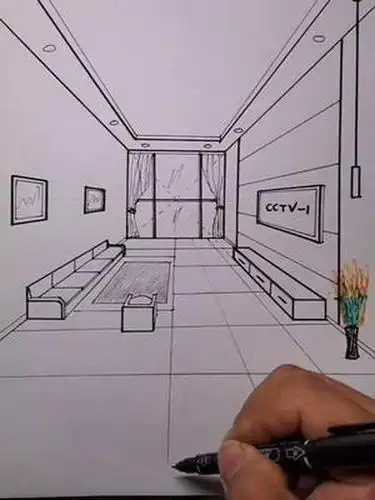 一点透视手绘客厅空间效果及画法