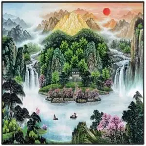 八方聚财鸿运当头挂画玄关仙家堂聚宝盆招财画旭日东升国画山水画