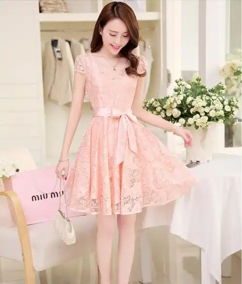 2018夏装新款 韩版女装修身淑女连衣裙 中长款蕾丝雪纺连衣裙958