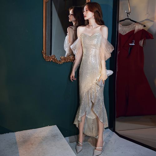 宴会晚礼服裙女2020新款轻奢名媛气质亮片性感鱼尾年会主持人重工