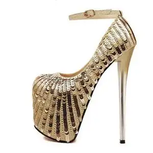 欧美恨天高19cm超高跟韩国性感夜店单鞋女细跟一字扣亮片金色