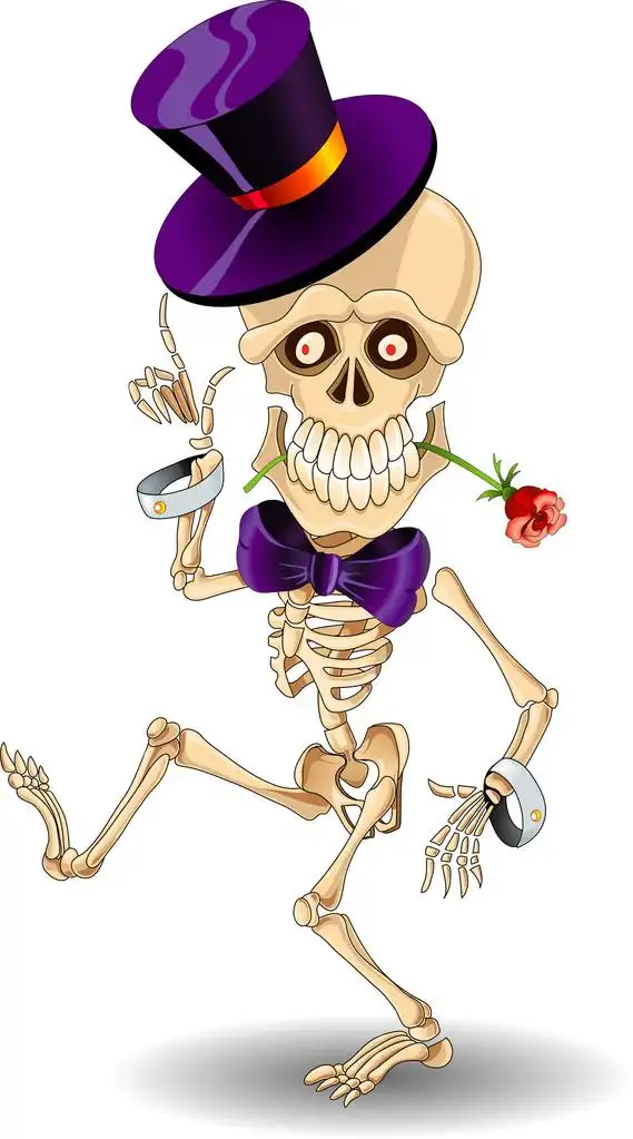 卡通骨架,跳舞的卡通骷髅在一缸与玫瑰的牙齿