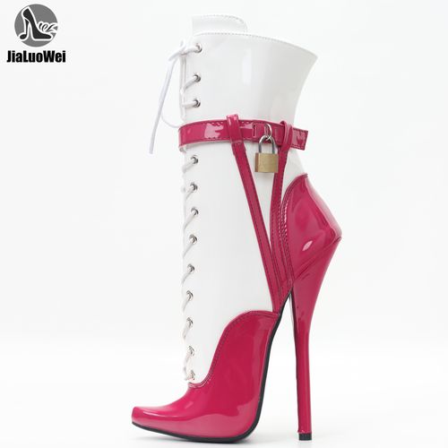 苦月亮舞台高跟大码拼色系带短靴尖头细跟加锁芭蕾舞女王高跟鞋