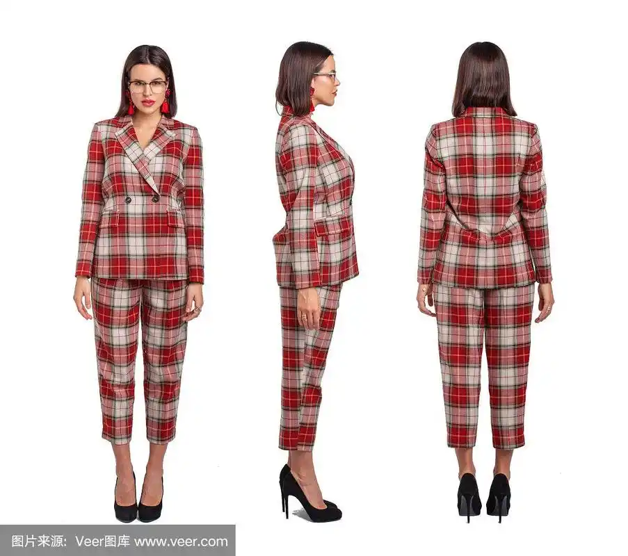 聪明的女商人穿着红色格子西装正面,侧面,背面,孤立