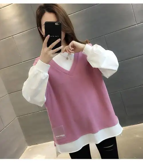 假两件卫衣女装拼接初秋薄款新款2021长袖韩版宽松开叉套头棉上衣