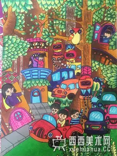 优秀获奖科幻画《丛林能源社区》赏析_树屋儿童画_科幻画_科幻画图片