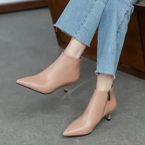 真牛皮尖头小跟短靴女细跟5cm裸色高跟鞋春秋踝靴及裸靴中筒靴子