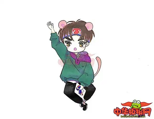 发带涂上红色,衣服涂上绿色,裤子是黑色,可爱的q版易烊千玺简笔画就