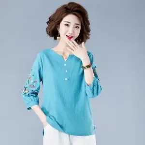七分袖棉麻衬衫女中老年妈妈装亚麻刺绣民族风上衣中袖v领百搭t恤