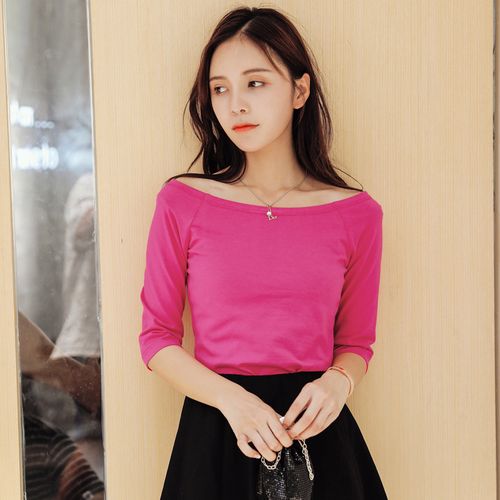春秋装上衣小心机一字领露肩五分袖t恤女纯棉中袖紧身内搭打底衫