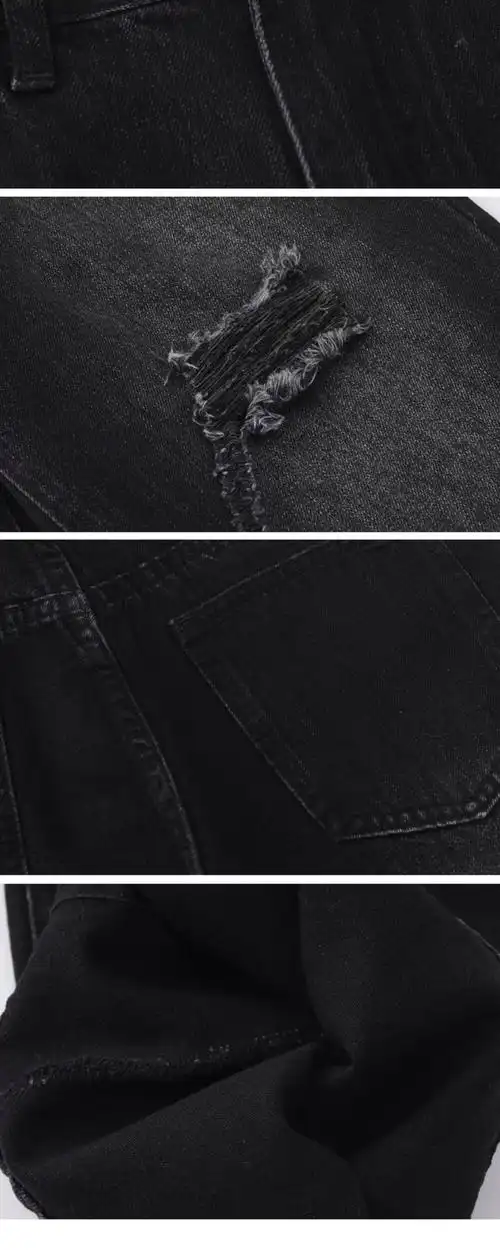 美式复古破洞做旧设计感黑色牛仔裤男女直筒长裤宽松休闲裤 - 17网