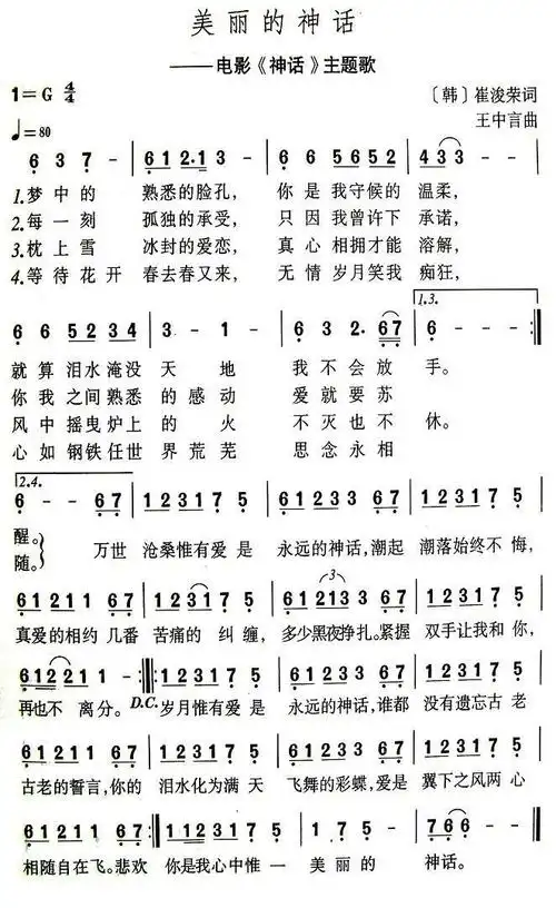 【美丽的神话简谱】美丽的神话(电影《神话》主题歌)简谱