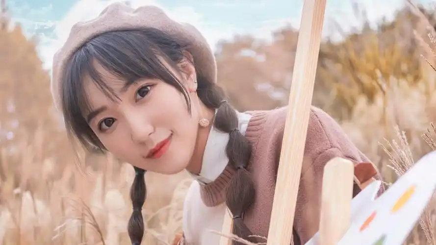 壁纸 可爱的年轻女孩,画家,芦苇