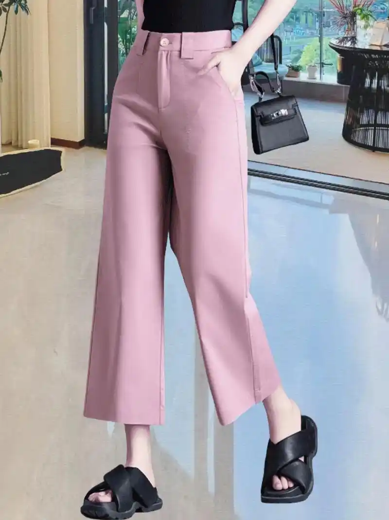 粉色女款裤子夏季薄款垂感九分裤女宽松冰丝