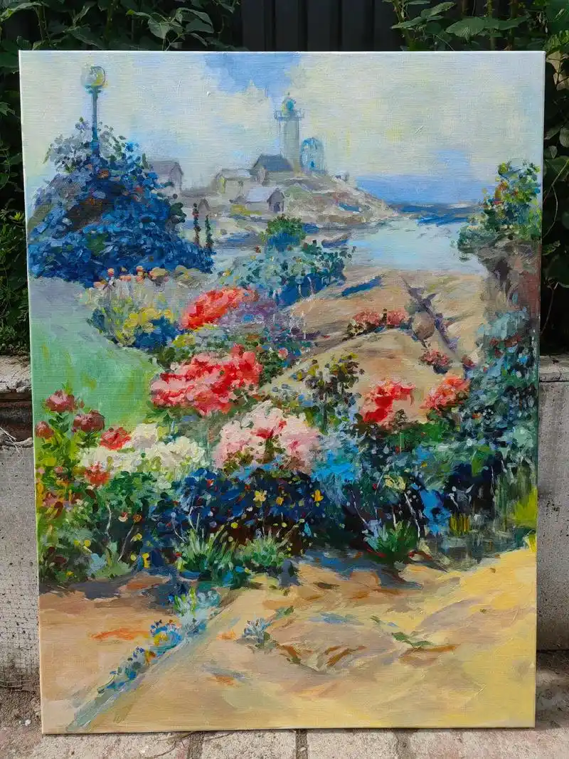 风景丙烯装饰画.临摹一张风景画～很久没画色彩了 无滤镜  材 - 抖音