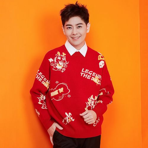 【新年款】林志颖同款龙年毛衣男时尚红色毛衣男士毛衣男士针织衫