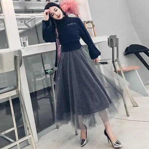 高腰网纱半身裙女中长款2018春装新款韩版百搭时尚半身长裙百褶裙蓝色