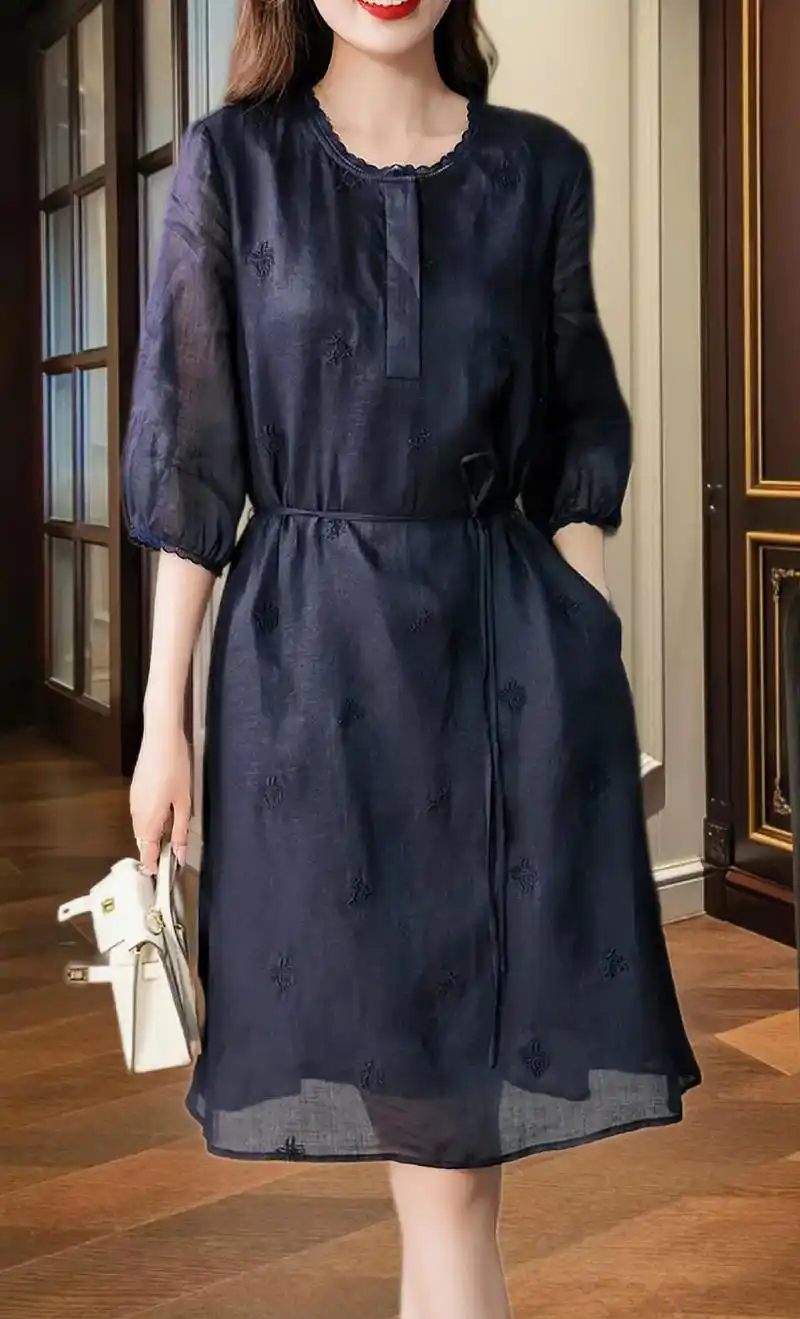 原形高级感刺绣绣花苎麻女装连衣裙灯笼袖显瘦复古中长裙87452#显瘦遮