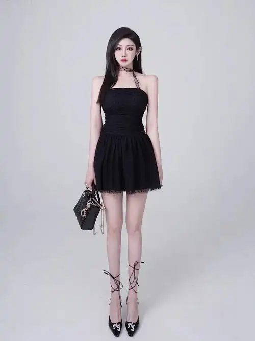 纯欲风吊带裙收腰抹胸裙显瘦小黑裙设计感波点网纱性感修身连衣裙