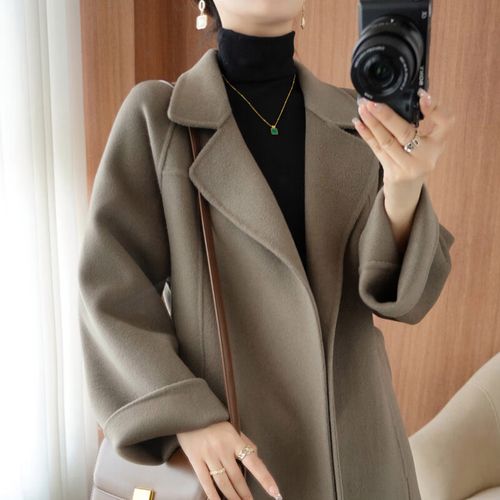 高端双面羊绒大衣女中长款宽松系带100%羊毛呢外套 灰咖色_【侧兜】 s