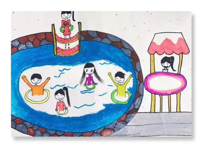 了几个小朋友在游泳池玩耍的场景,很生动也很有想法,画面色彩搭配协调