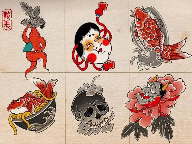 一组日式和风稿子|萝卜精|阿多福|鲤鱼|碗面|骷髅|牡丹#日式小图纹身
