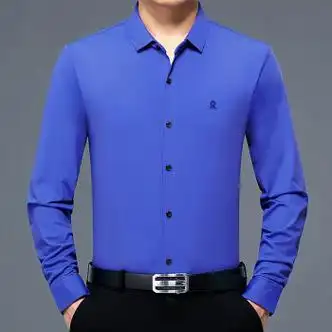 梦特娇秋冬男士长袖衬衫商务休闲纯色丝光棉衬衣宽松版爸爸装蓝色340