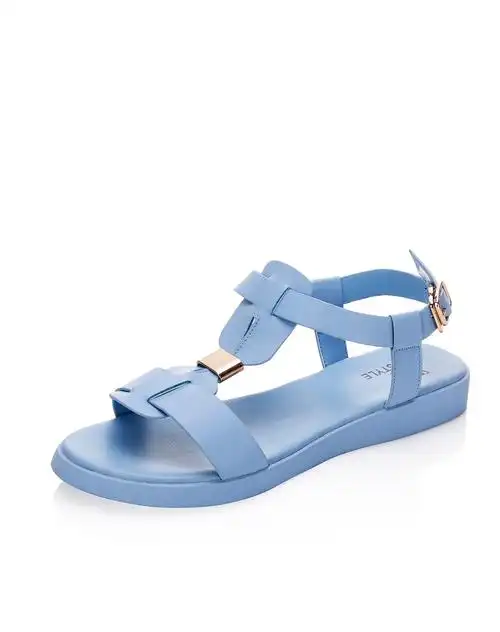 蓝色绑带舒适平底凉鞋