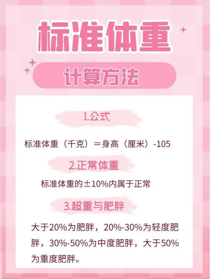 959595 公式一:标准体重(千克)=身高(厘米)-105.