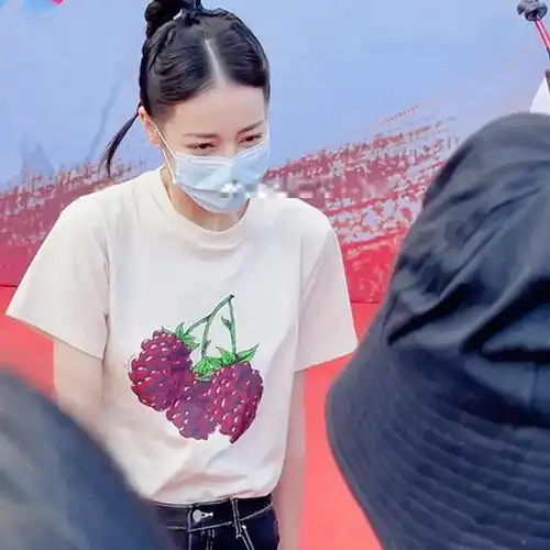 迪丽热巴明星同款2022夏季新款宽松纯棉葡萄印花米白色短袖t恤女