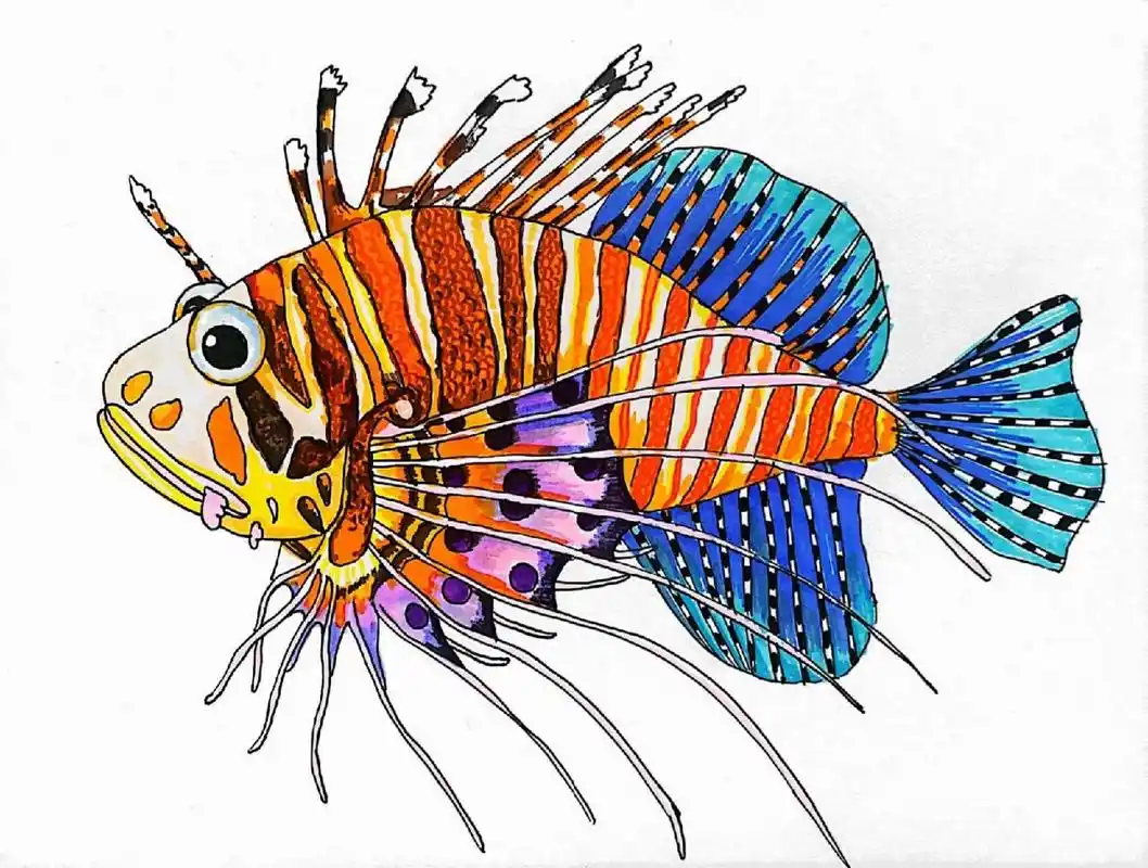 写生–狮子鱼(写生有课件步骤) 适合7-9岁 这个作品狮子鱼用的勾线笔