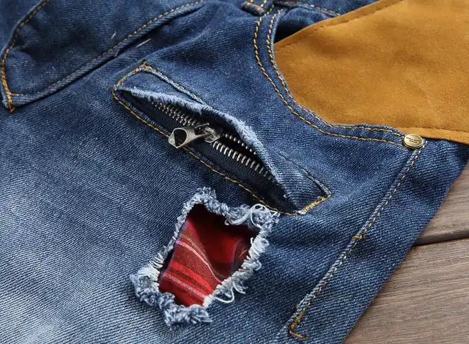 欧美新款时尚补丁机车牛仔裤男潮流破洞贴布修身小脚牛仔裤55