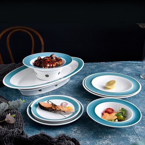 创意商用绿色圆浅盘鱼炉盘酒店家用炒菜盘意境摆盘特色菜陶瓷盘子