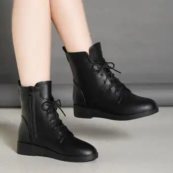 红婧蜒女靴2023秋冬新款平底短靴女真皮马丁靴英伦风单黑色薄绒34