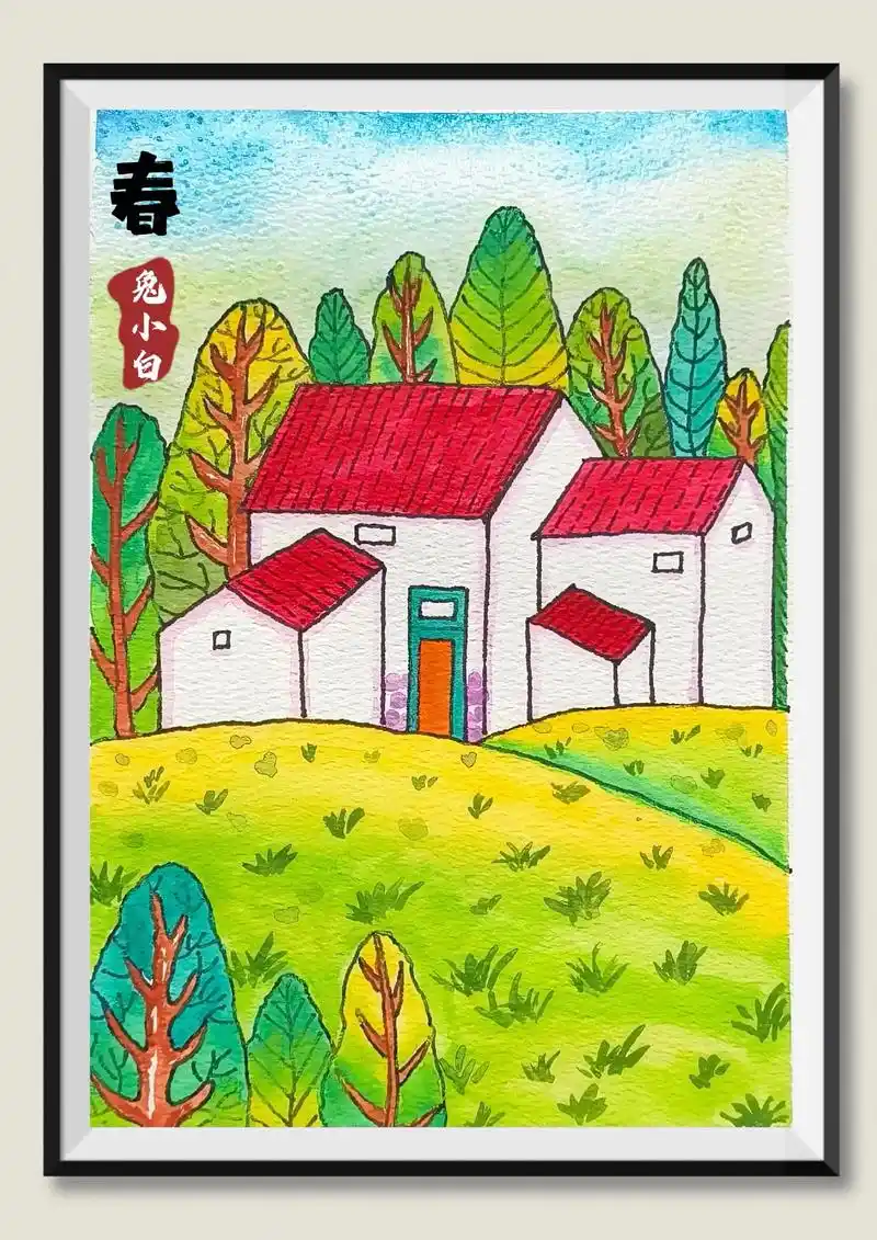 第148集《春》淡彩风景画.材料:水彩纸,油性勾线笔,固体水 - 抖音