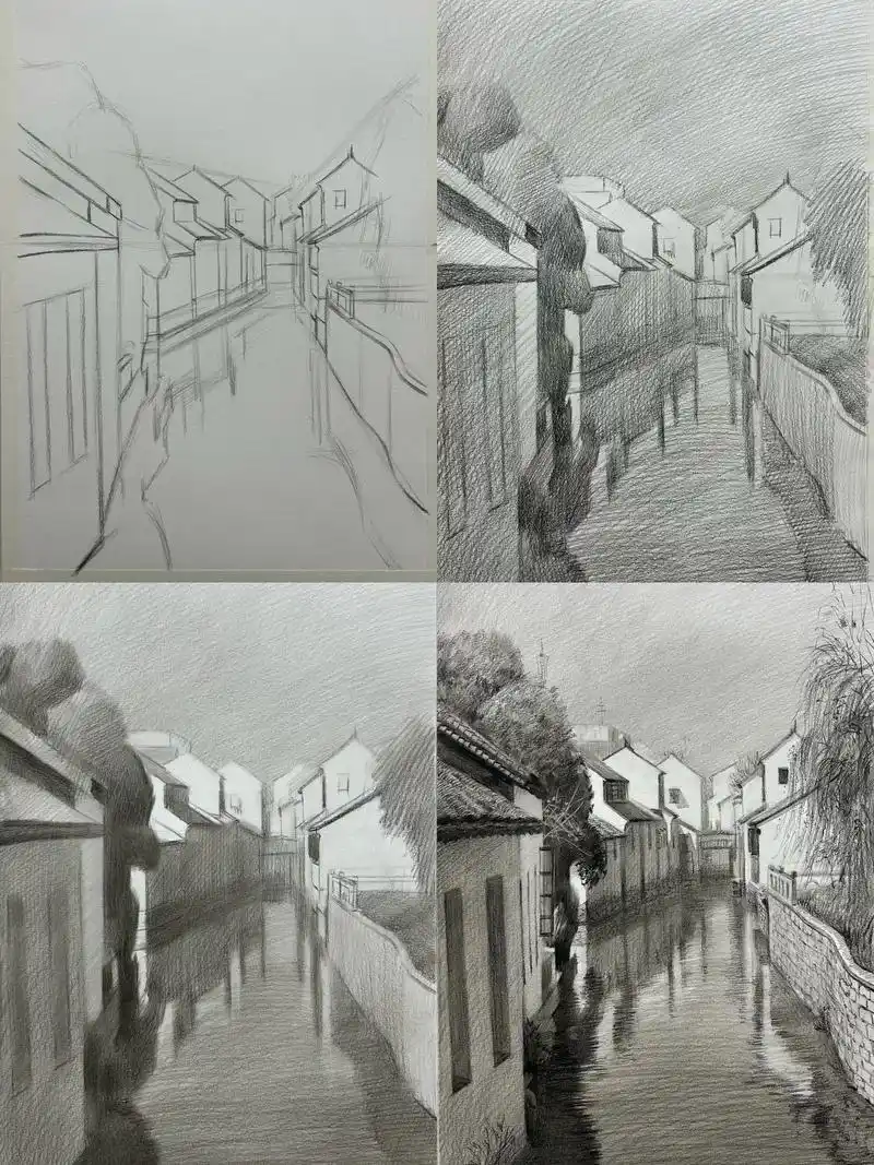 素描风景 江南水乡步骤图