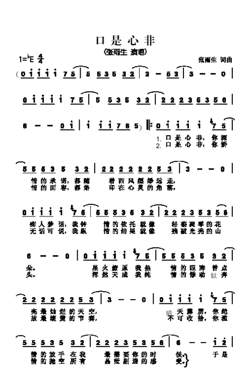 张雨生《口是心非》简谱(专辑同名曲)