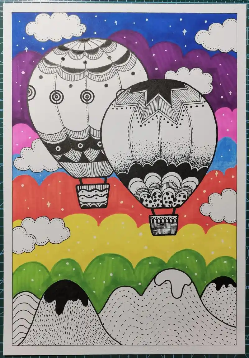 画画打卡 #一起学画画 创意线描热气球 - 抖音