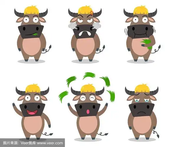 可爱的水牛卡通矢量设置在不同的情感孤立在白色的背景-矢量插图