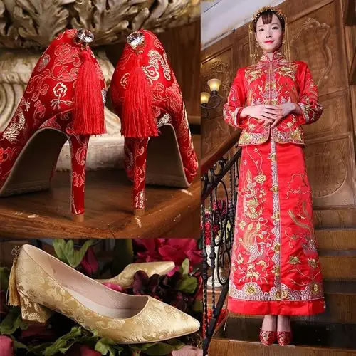 秀禾服鞋子婚鞋新娘鞋高跟鞋婚鞋红色中式矮