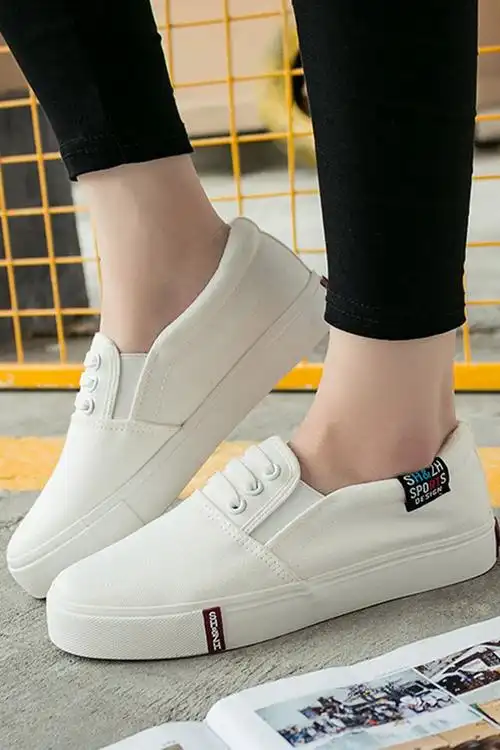 夏季低帮鞋白色帆布鞋系带运动板鞋平底女学生一脚蹬百搭小白鞋女