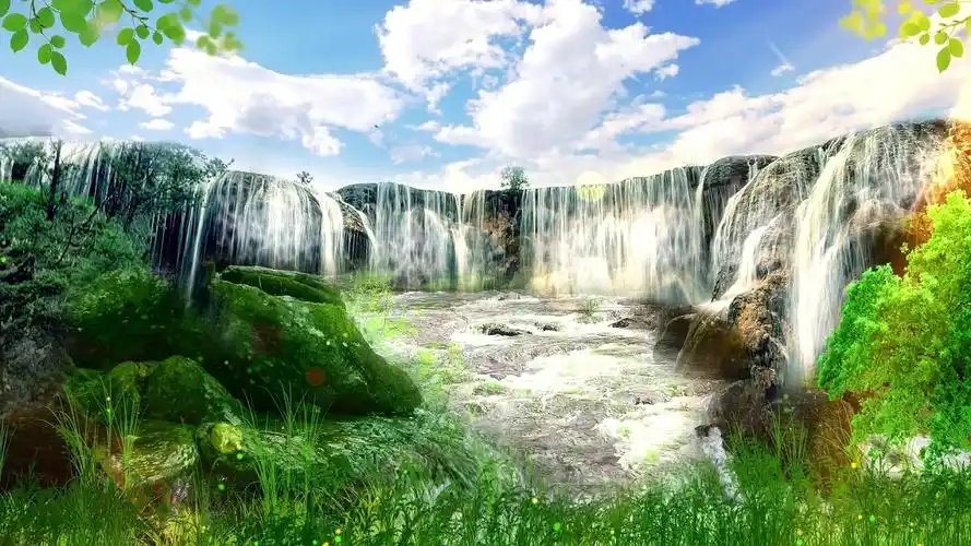 4k唯美山水瀑布真实合成舞台视频桃花瀑布仙境世外桃源背景