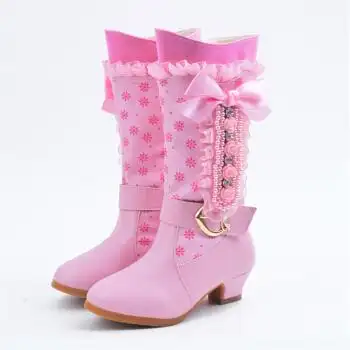 童鞋 靴子 惠维 秋冬新款公主鞋中高筒靴高跟雪地靴保暖皮靴 粉红色
