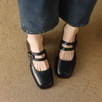 tata他她复古方头小皮鞋女粗跟时尚单鞋一字扣带玛丽珍鞋黑色36